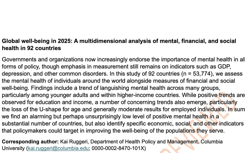 Global well-being in 2025: A multidimensional analysis of mental, financial, and social health in 92 countries